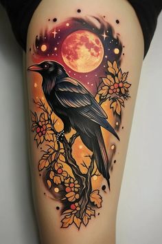 a black bird sitting on top of a tree branch with flowers and moon in the background