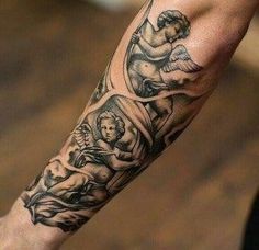 a man's arm with an angel and cherub tattoo on it