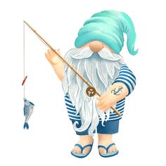 a watercolor painting of a gnome holding a fishing rod