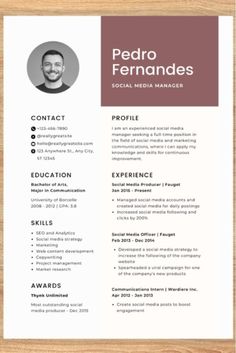 a professional resume template is shown on a wooden background with a brown border around it