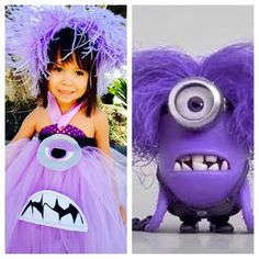 two pictures, one is purple and the other has a monster costume on it's head