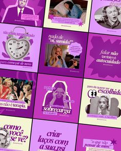 a collage of images with people and words in spanish on purple background, including an alarm clock