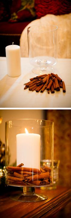 cinnamon sticks are on the table next to a candle and some glass vases with candles in them