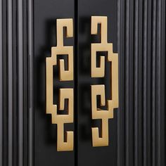 two gold door handles on a black door