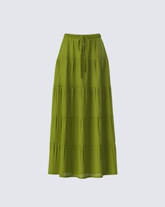 Whether you’re brunching with friends or having a lowkey kind of day - this green tiered maxi skirt is here to make every moment a little more magical 😙 Made from plain-weave fabric, this piece is complete with an elastic waistband, an adjustable drawstring, and multiple tiers  💚 Flowy Green Skirt, Tiered Maxi Skirt, Graphic Top, Ruffle Shorts, White Jersey, Black Ruffle, Mini Wrap Dress, Green Velvet, Maxi Skirt