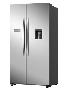 a stainless steel refrigerator freezer sitting next to each other in front of a white background