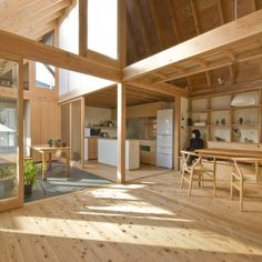 the interior of a house with wood flooring and wooden walls, windows, and ceiling