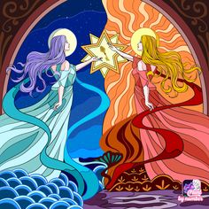 two beautiful women with long hair are standing in front of an arch and holding stars