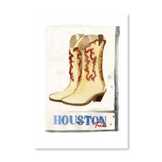 a painting of a pair of boots with the word houston painted on it's side