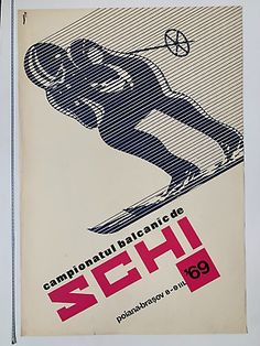 an advertisement for a ski competition with a man skiing down the slope in black and white