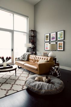 a living room filled with furniture and a dog on a pillow in front of a large window