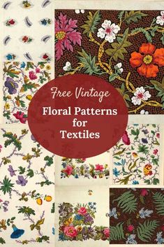 four vintage floral patterns for textiles with the title, free vintage floral patterns for textiles