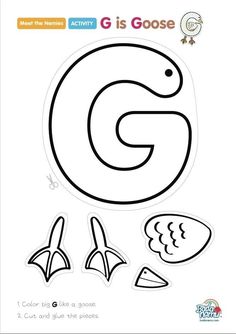 the letter g is goose coloring page with an image of a bird and other objects