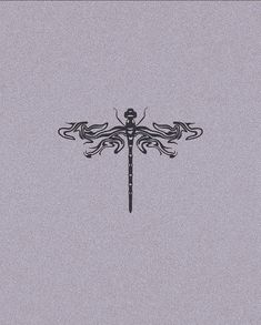 a black and white drawing of a dragonfly on a gray background with an intricate design