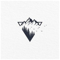 a mountain with trees and birds flying over it, in the shape of a triangle