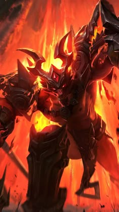 an image of a demonic creature with fire in the background and flames coming out of its back