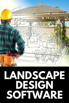 a man standing in front of a house with the words landscape design software on it