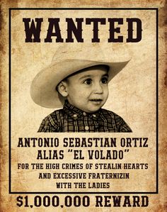 an old wanted poster with a young boy wearing a cowboy hat