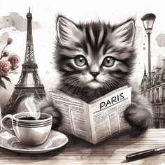 a drawing of a cat reading a newspaper next to a cup of coffee with the eiffel tower in the background