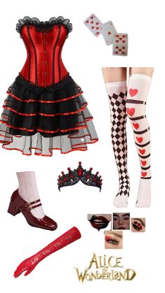 a woman in red and black outfit with stockings, socks, boots and accessories on white background