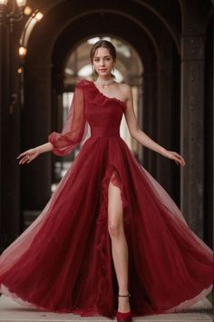 Lasaky - Long-Sleeve One-Shoulder Evening Gown with Slit, Perfect for Hosting and Runway Shows Maxi Dress Outfit, Princess Skirt, Tulle Evening Dress, Tulle Sleeves, Tulle Prom Dress, Looks Chic, Mermaid Dress, Wedding Dress Styles, Fashion Colours