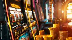 a casino machine with stacks of gold coins