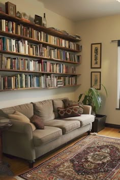 a living room filled with furniture and lots of books on the shelves over the couch