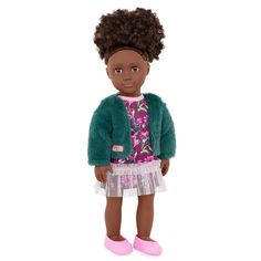 Our Generation Lucia 18" Fashion Doll with Faux-Fur Jacket & Floral Dress Bright Pink Shoes, Green Coat Outfit, Green Faux Fur Coat, Floral Dres, Og Dolls, Dark Curly Hair, Pretty Floral Dress, Generation Dolls, Beautiful Brown Eyes