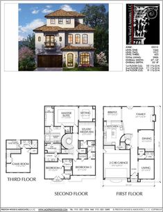 the floor plan for a two story house with three levels and an attached garage area