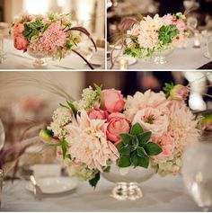 four different pictures of flowers in vases on a table with candles and napkins