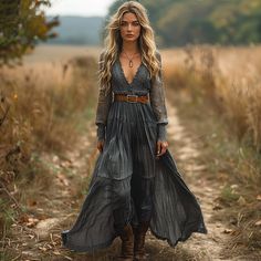 Dresses Long Sleeved Maxi Dress Fall, Boho Formal Dress, Boho Chic Top, Estilo Country, Western Dress, Fairy Clothes, Long Sleeve Design, Leopard Fashion, Elegant Casual