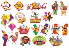 many different types of happy lohris stickers on a white background, including kites and banners