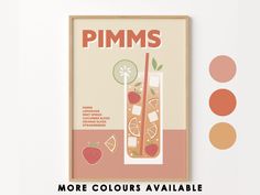 a poster with the words pimms on it next to some fruit and drinks