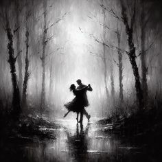 black and white painting of two people dancing in the rain