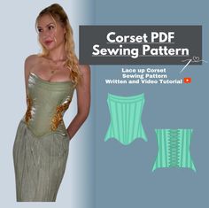 a woman in a green dress with gold sequins on her waist and the text, corset pdf sewing pattern