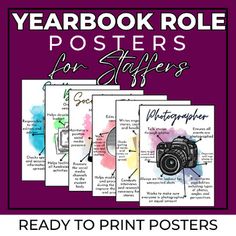 four posters with the words yearbook poster for students to use in their art project, ready to