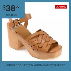 The Addisyn by Journee Collection is simple but elegant. This strappy heel has ultra-soft vegan leather uppers and a 4 mm true comfort foam footbed for a comfy fit. The design is completed with faux wood block heel and a beautiful buckle strap.Features: ComfortClosure Type: BuckleFootwear Technology: Memory Foam InsolePlatform Shoe Height: 1 1/4 InchesShoe Heel Height: 3 1/2 InchesUpper/Outer Base Material: 100% PolyurethaneShoe Lining Material: PolyurethaneSole Material Content: 100% Synthetic… Sandals Brown, Journee Collection, Brown Sandals, Faux Wood, Comfy Fits, Heeled Sandals, Strappy Heels, Block Heels, Memory Foam