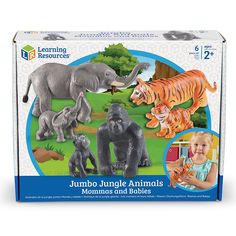 the jumbo jungle animals set includes an elephant, tiger, and rhinoceros