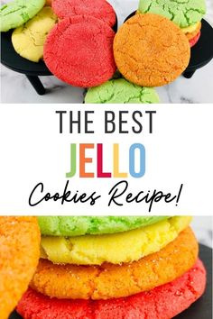 the best jello cookies recipe is in front of a plate full of colorful cookies