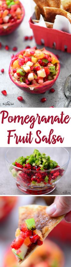 this is an image of fruit salsa in a bowl and on a plate with the text, pomegranate fruit salsa