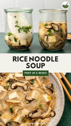 rice noodle soup in a glass jar with chopsticks on the side and another bowl full of noodles