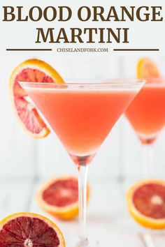 blood orange martini is garnished with grapefruit and served in coupe glasses