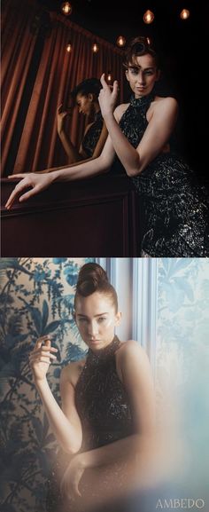 two different shots of a woman in black dress