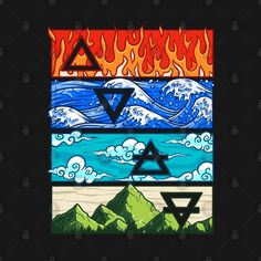 the four elements of an art project are depicted in different colors and shapes, including mountains,