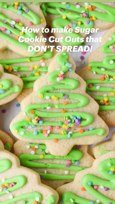 green frosted christmas tree cookies with sprinkles