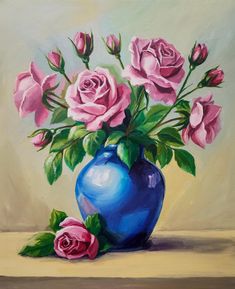 a painting of pink roses in a blue vase