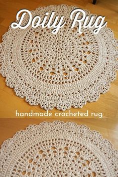 two crocheted doily are shown with the words, doily rug handmade crocheted rug