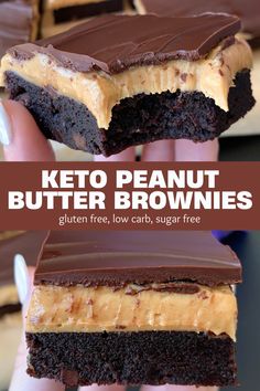 two pieces of chocolate peanut butter brownies on top of each other with the words, keto peanut butter brownies gluten free low carb sugar free