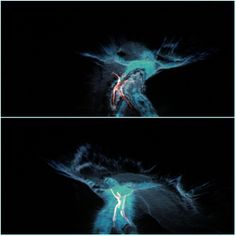 two images of the inside of an animal's body in blue and green light