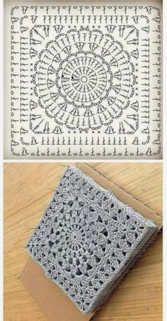 crocheted doily with two pictures of it and the same pattern on top